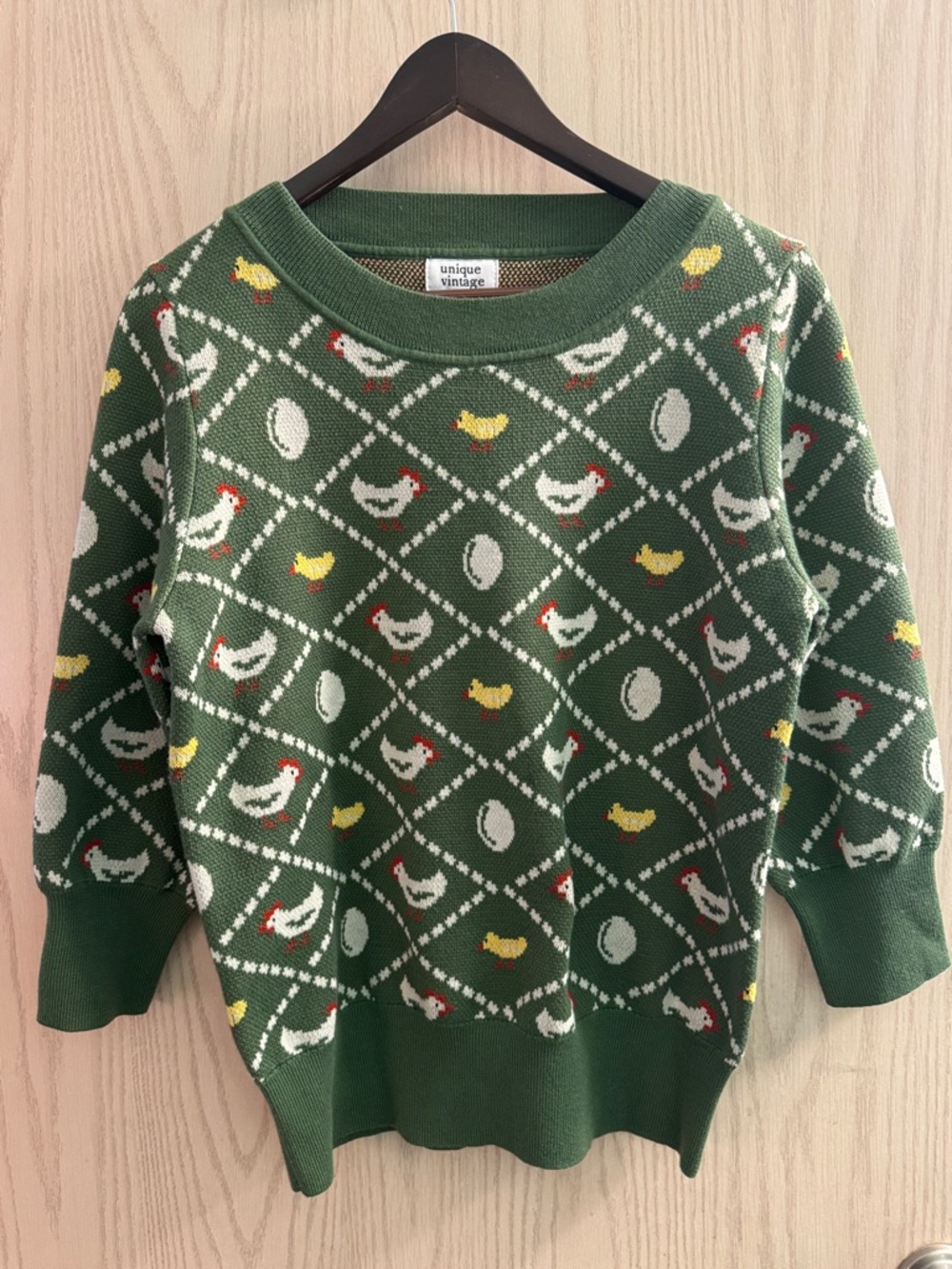 Unique Vintage Green Chicken & Egg Knit Crewneck Sweater with Yellow Accents